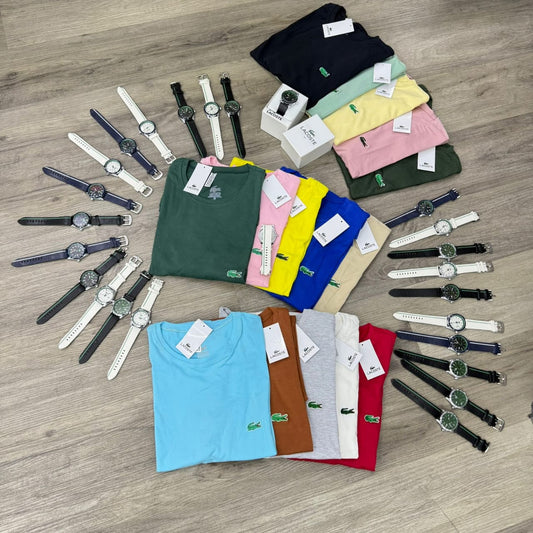 KIT LACOSTE x5 CAMISETAS + 1 RELOJ OBSEQ